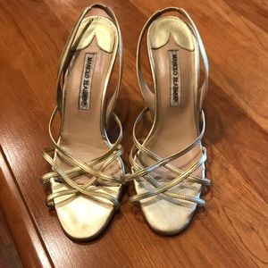 Manolo Blahnik gold strappy heels